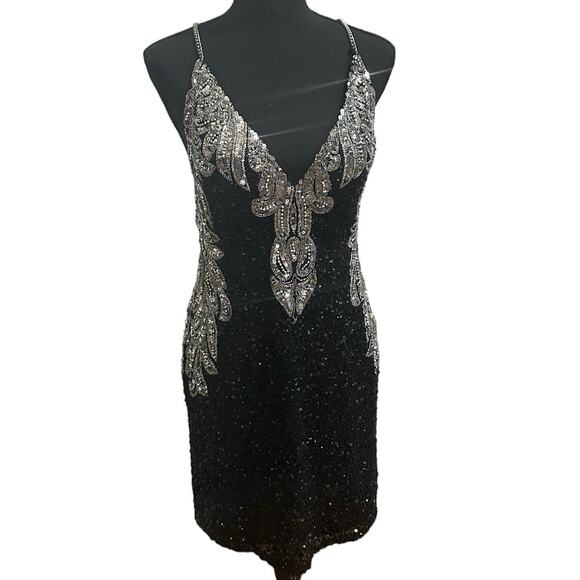 NWT Enchanted Black & Silver Sequin Beaded Chain Straps Backless mini Dress SZ 6 - Picture 3 of 16